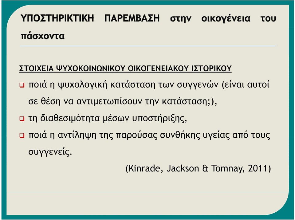 την κατάσταση;), τη διαθεσιμότητα μέσων υποστήριξης, ποιά η αντίληψη της