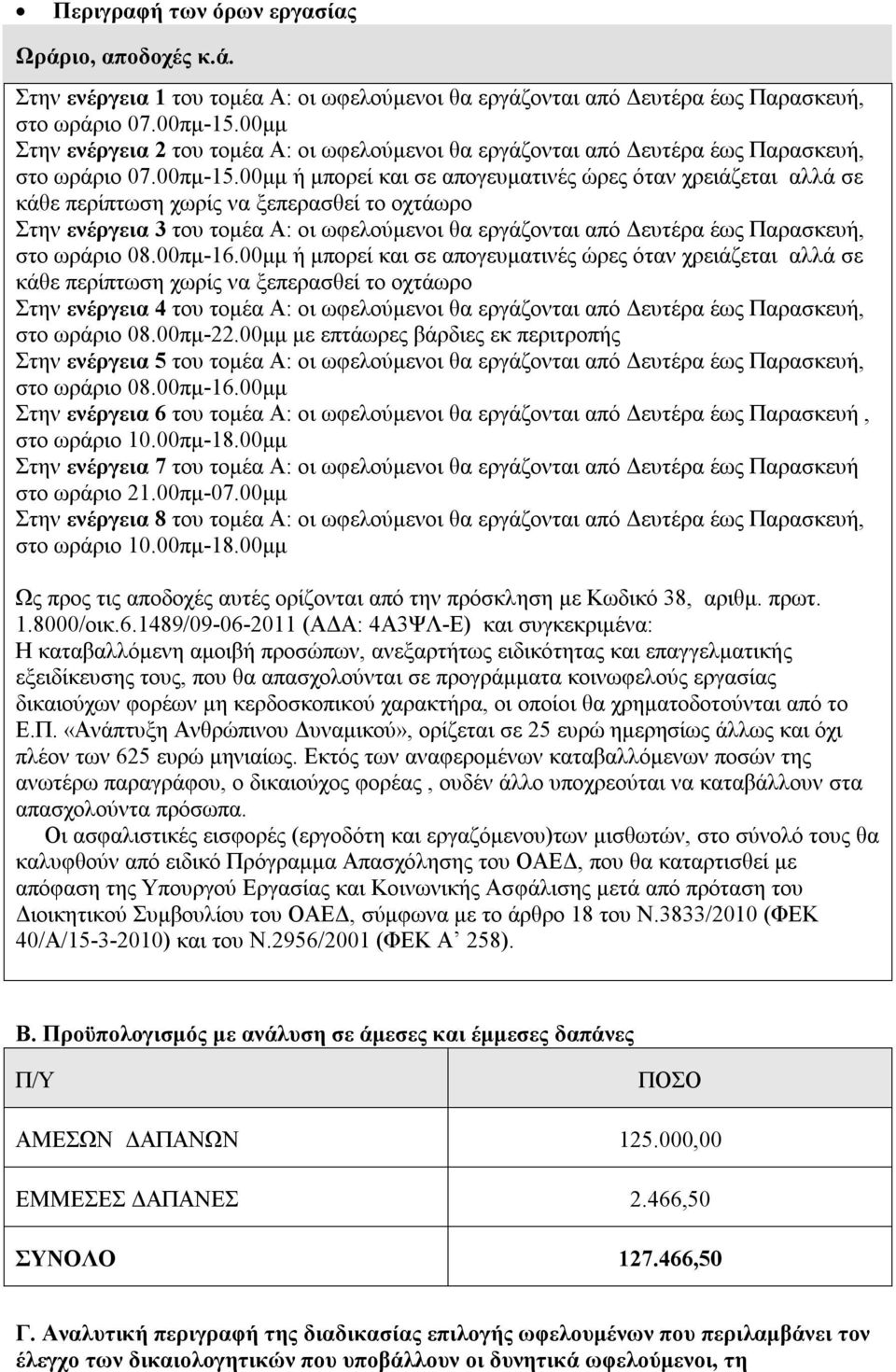 00μμ ή μπορεί και σε απογευματινές ώρες όταν χρειάζεται αλλά σε κάθε περίπτωση χωρίς να ξεπερασθεί το οχτάωρο Στην ενέργεια 3 του τομέα Α: οι ωφελούμενοι θα εργάζονται από Δευτέρα έως Παρασκευή, στο