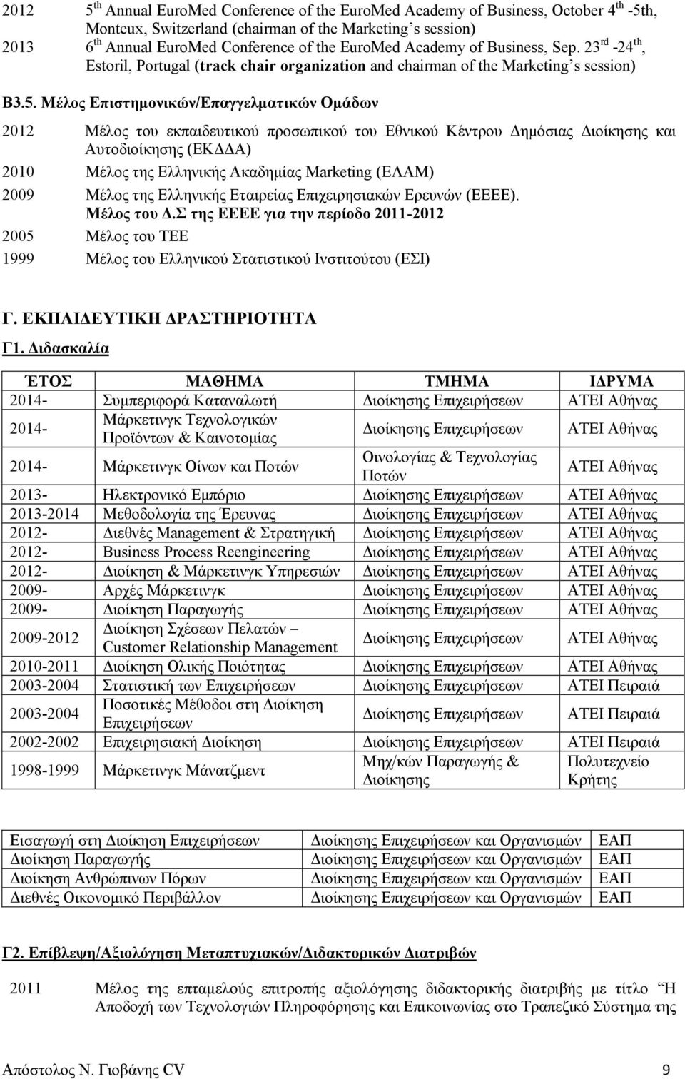 Μέλος Επιστημονικών/Επαγγελματικών Ομάδων 2012 Μέλος του εκπαιδευτικού προσωπικού του Εθνικού Κέντρου Δημόσιας Διοίκησης και Αυτοδιοίκησης (ΕΚΔΔΑ) 2010 Μέλος της Ελληνικής Ακαδημίας Marketing (ΕΛΑΜ)