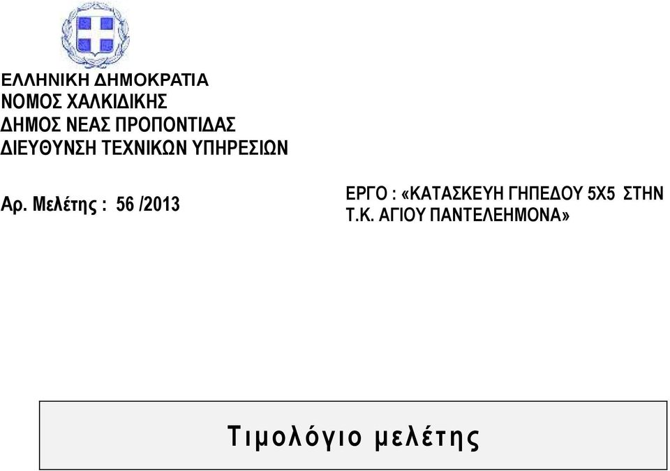 Μελέτης : 56 /2013 ΕΡΓΟ : «ΚΑΤΑΣΚΕΥΗ ΓΗΠΕΔΟΥ