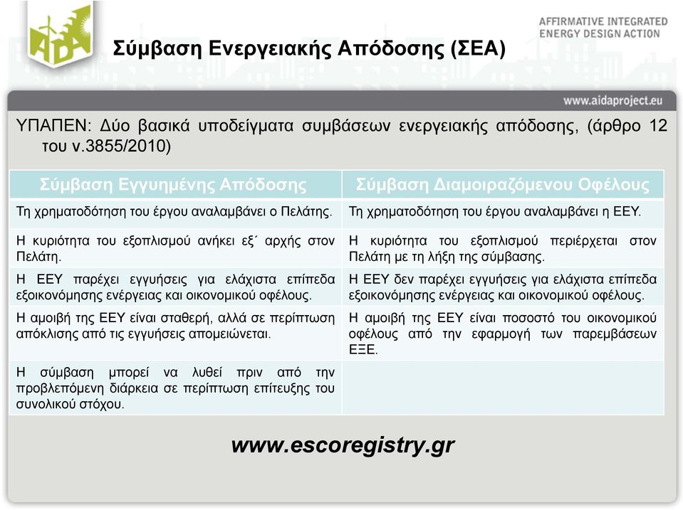 Η ΕΕΥ παρέχει εγγυήσεις για ελάχιστα επίπεδα εξοικονόμησης ενέργειας και οικονομικού οφέλους. Η αμοιβή της ΕΕΥ είναι σταθερή, αλλά σε περίπτωση απόκλισης από τις εγγυήσεις απομειώνεται.