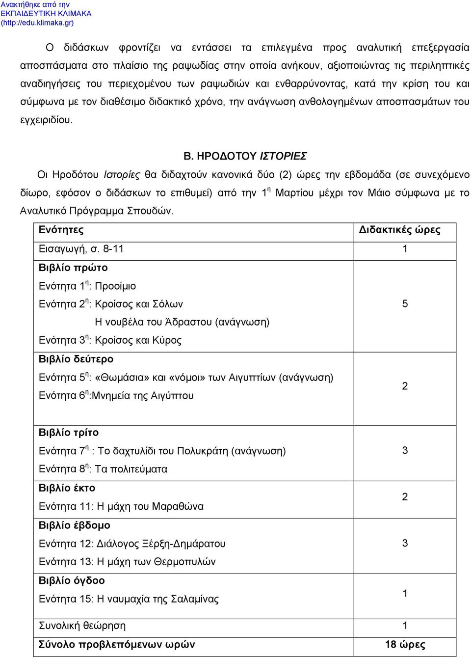 ΗΡΟΔΟΤΟΥ ΙΣΤΟΡΙΕΣ Οι Ηροδότου Ιστορίες θα διδαχτούν κανονικά δύο (2) ώρες την εβδομάδα (σε συνεχόμενο δίωρο, εφόσον ο διδάσκων το επιθυμεί) από την 1 η Μαρτίου μέχρι τον Μάιο σύμφωνα με το Αναλυτικό