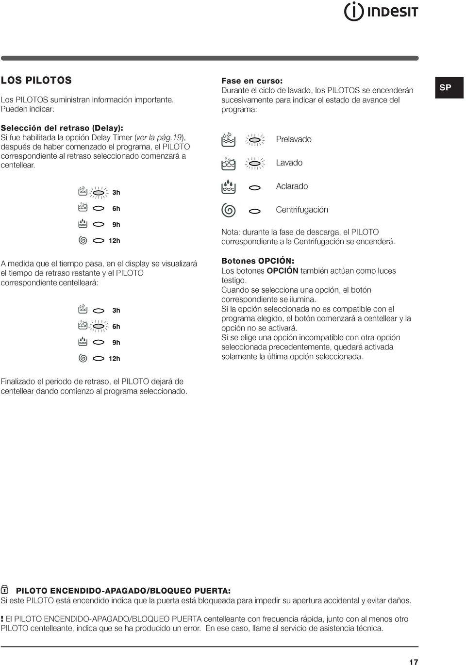 Fase en curso: Durante el ciclo de lavado, los PILOTOS se encenderán sucesivamente para indicar el estado de avance del programa: Prelavado Lavado SP Aclarado Centrifugación A medida que el tiempo