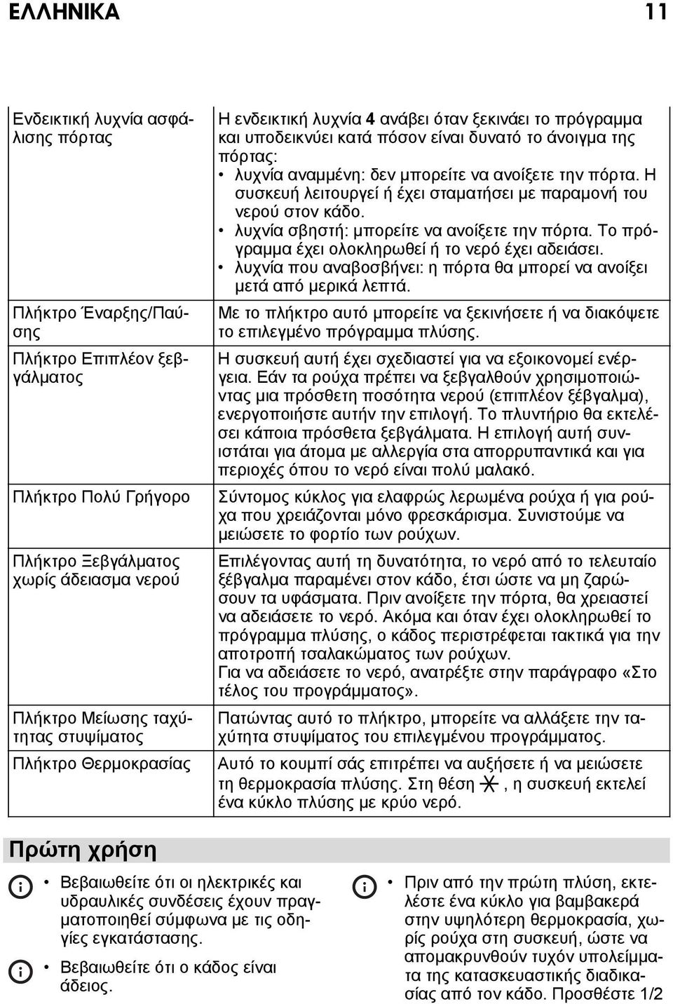 Η συσκευή λειτουργεί ή έχει σταματήσει με παραμονή του νερού στον κάδο. λυχνία σβηστή: μπορείτε να ανοίξετε την πόρτα. Το πρόγραμμα έχει ολοκληρωθεί ή το νερό έχει αδειάσει.