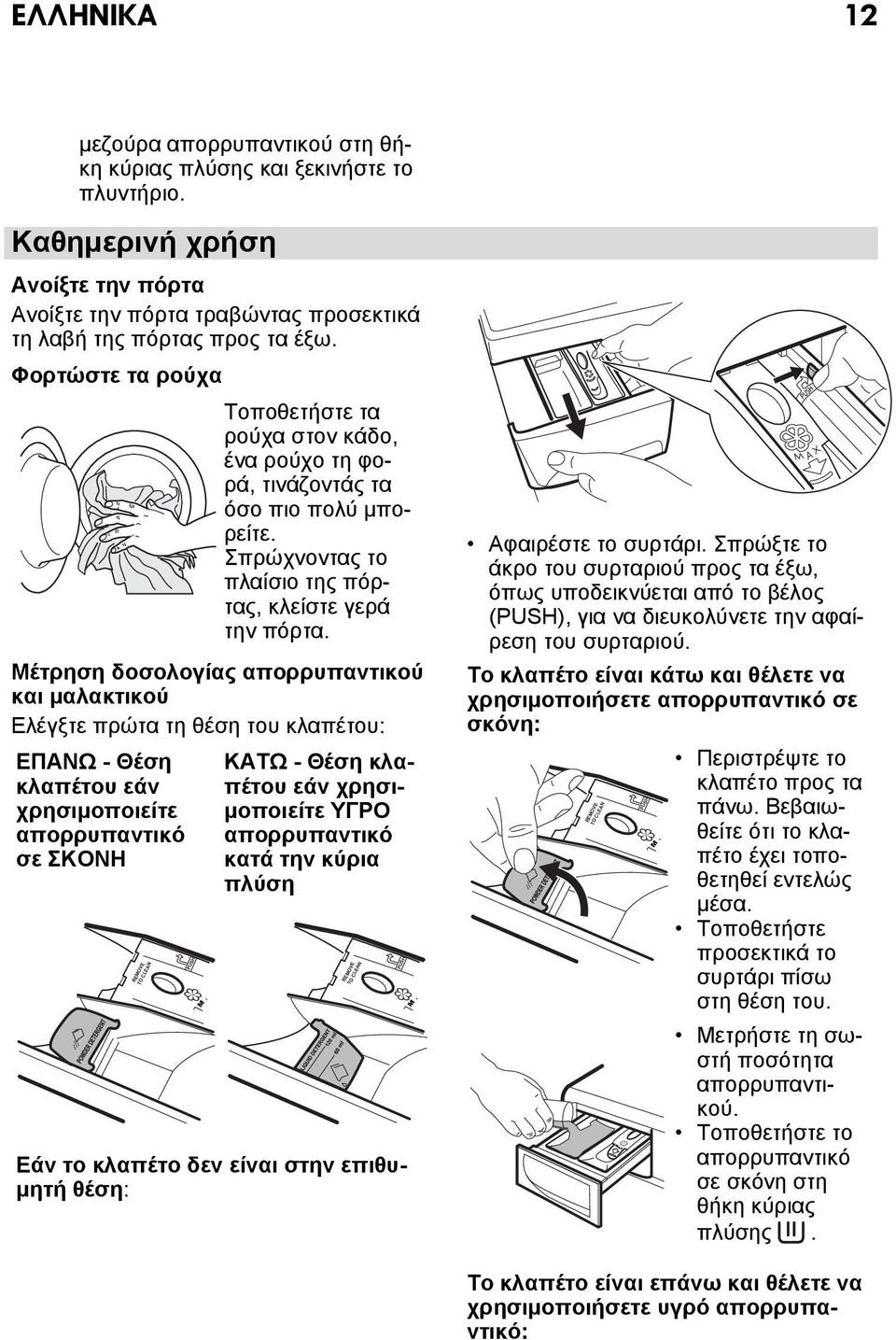 Μέτρηση δοσολογίας απορρυπαντικού και μαλακτικού Ελέγξτε πρώτα τη θέση του κλαπέτου: ΕΠΑΝΩ - Θέση κλαπέτου εάν χρησιμοποιείτε απορρυπαντικό σε ΣΚΟΝΗ REMOVE TO CLEAN PUSH ΚΑΤΩ - Θέση κλαπέτου εάν