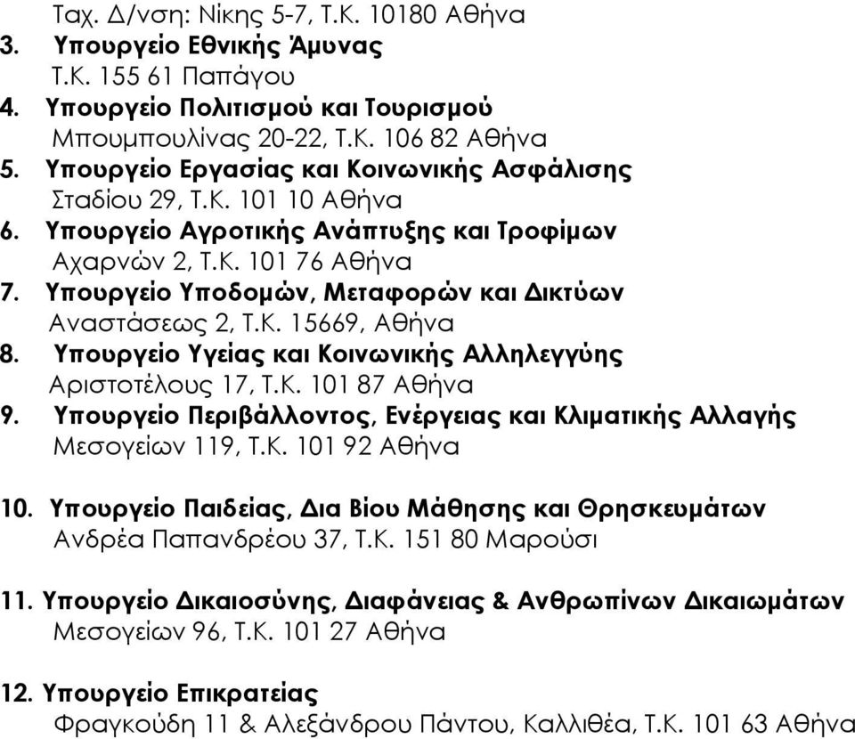 Υπουργείο Υποδοµών, Μεταφορών και ικτύων Αναστάσεως 2, Τ.Κ. 15669, Αθήνα 8. Υπουργείο Υγείας και Κοινωνικής Αλληλεγγύης Αριστοτέλους 17, Τ.Κ. 101 87 Αθήνα 9.