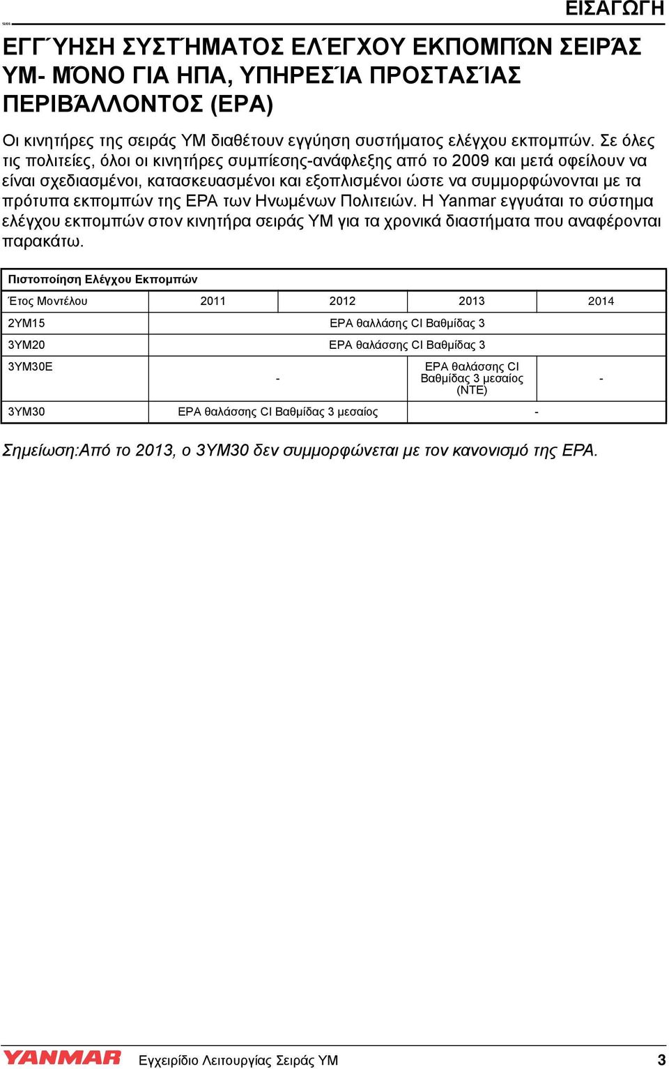 EPA των Ηνωμένων Πολιτειών. Η Yanmar εγγυάται το σύστημα ελέγχου εκπομπών στον κινητήρα σειράς YM για τα χρονικά διαστήματα που αναφέρονται παρακάτω.