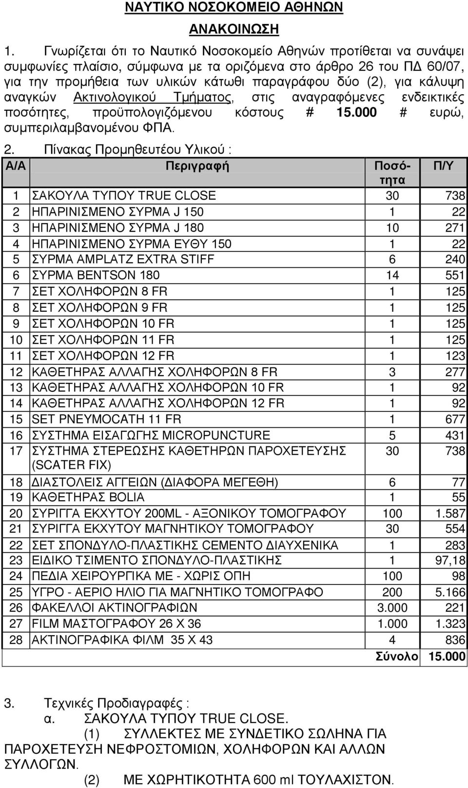 κάλυψη αναγκών Ακτινολογικού Τμήματος, στις αναγραφόμενες ενδεικτικές ποσότητες, προϋπολογιζόμενου κόστους # 15.000 # ευρώ, συμπεριλαμβανομένου ΦΠΑ. 2.