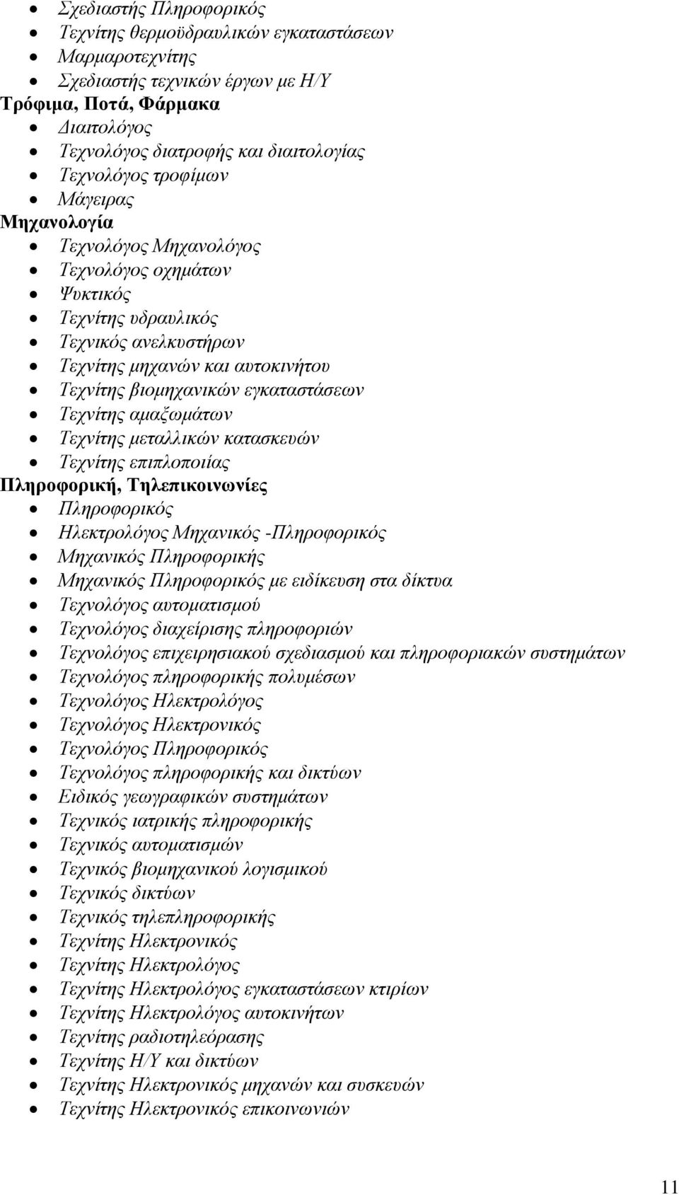 Τεχνίτης αμαξωμάτων Τεχνίτης μεταλλικών κατασκευών Τεχνίτης επιπλοποιίας Πληροφορική, Τηλεπικοινωνίες Πληροφορικός Ηλεκτρολόγος Μηχανικός -Πληροφορικός Μηχανικός Πληροφορικής Μηχανικός Πληροφορικός