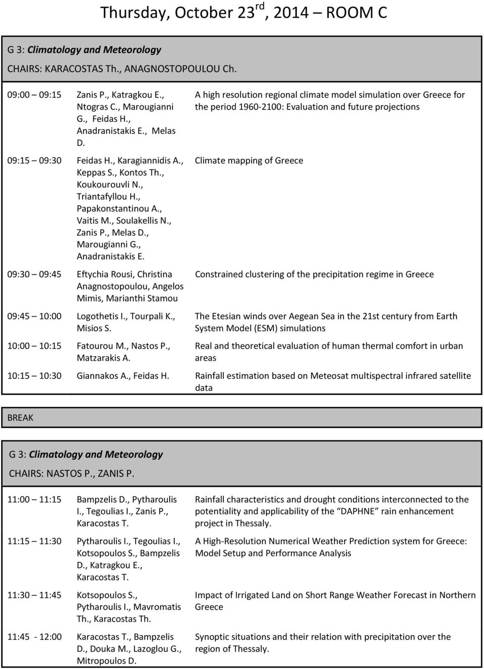 , Anadranistakis E. 09:30 09:45 Eftychia Rousi, Christina Anagnostopoulou, Angelos Mimis, Marianthi Stamou 09:45 10:00 Logothetis I., Tourpali K., Misios S. 10:00 10:15 Fatourou M., Nastos P.