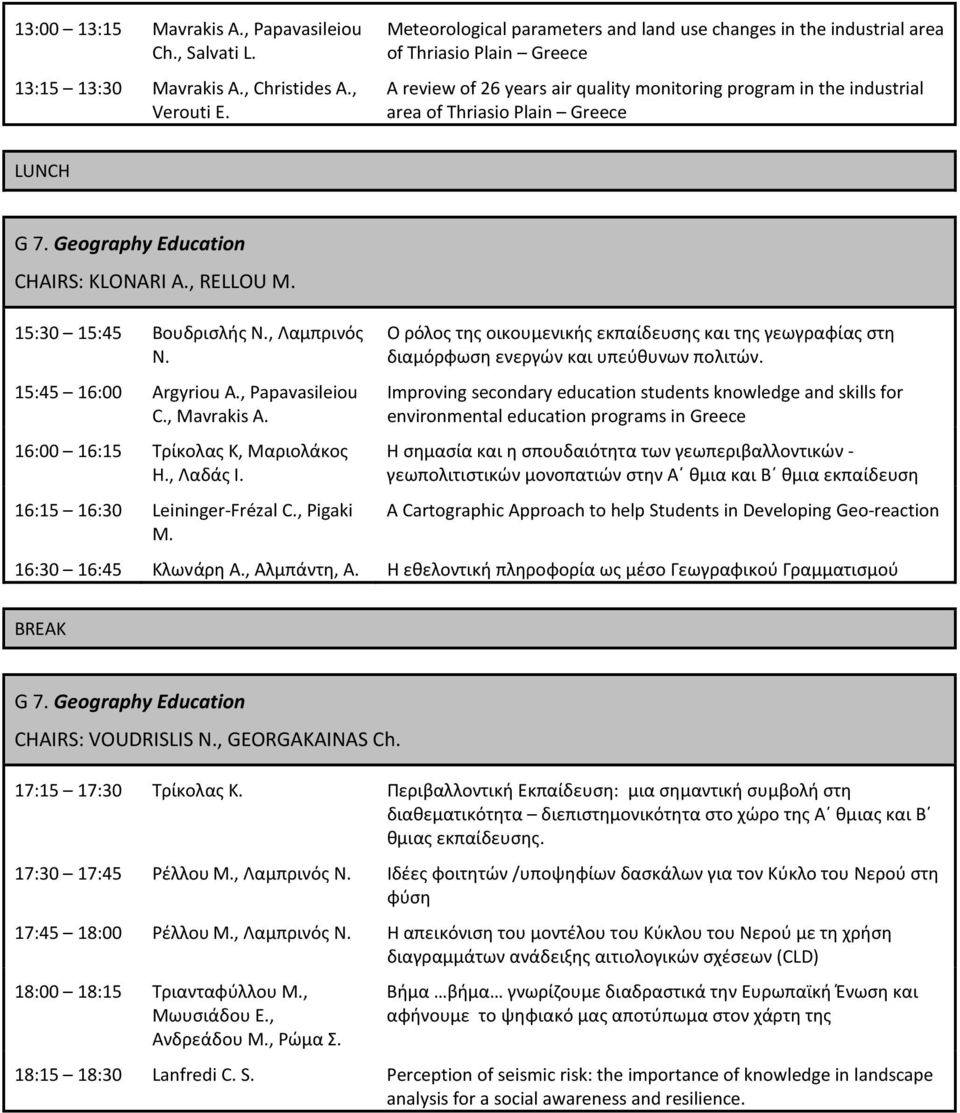 LUNCH G 7. Geography Education CHAIRS: KLONARI A., RELLOU M. 15:30 15:45 Βουδρισλής Ν., Λαμπρινός Ν. 15:45 16:00 Argyriou A., Papavasileiou C., Mavrakis A. 16:00 16:15 Τρίκολας Κ, Μαριολάκος Η.