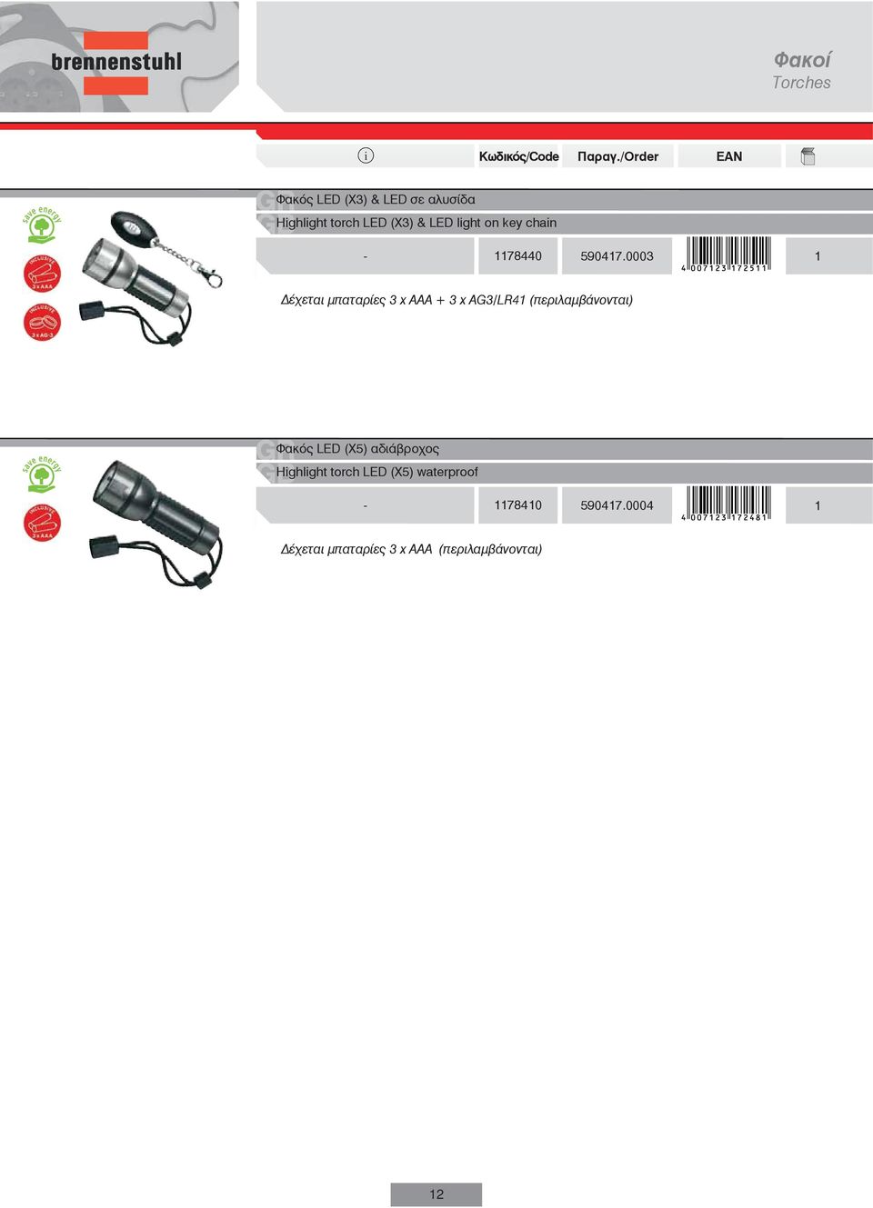 0003 1 Δέχεται μπαταρίες 3 x AAA + 3 x AG3/LR41 (περιλαμβάνονται) Φακός LED
