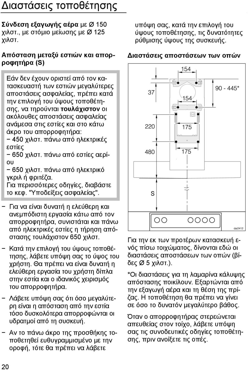 ιαστάσεις αποστάσεων των οπών Εάν δεν έχουν οριστεί από τον κατασκευαστή των εστιών µεγαλύτερες αποστάσεις ασφαλείας, πρέπει κατά την επιλογή του ύψους τοποθέτησης, να τηρούνται τουλάχιστον οι