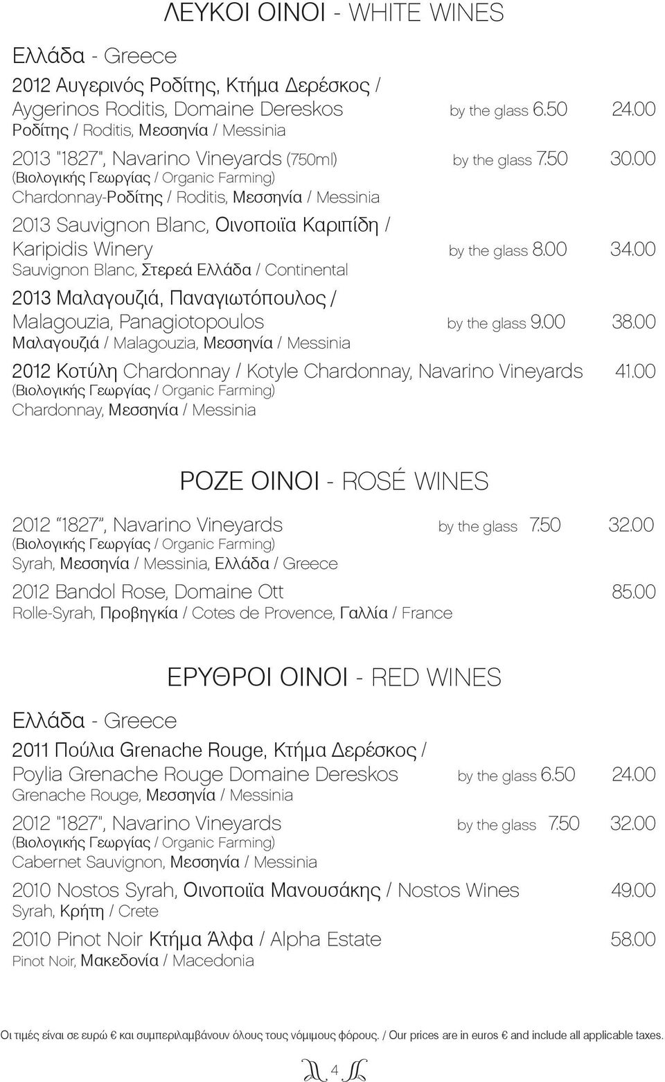 00 (Βιολογικής Γεωργίας / Organic Farming) Chardonnay-Ροδίτης / Roditis, Μεσσηνία / Messinia 2013 Sauvignon Blanc, Οινοποιϊα Καριπίδη / Karipidis Winery by the glass 8.00 34.