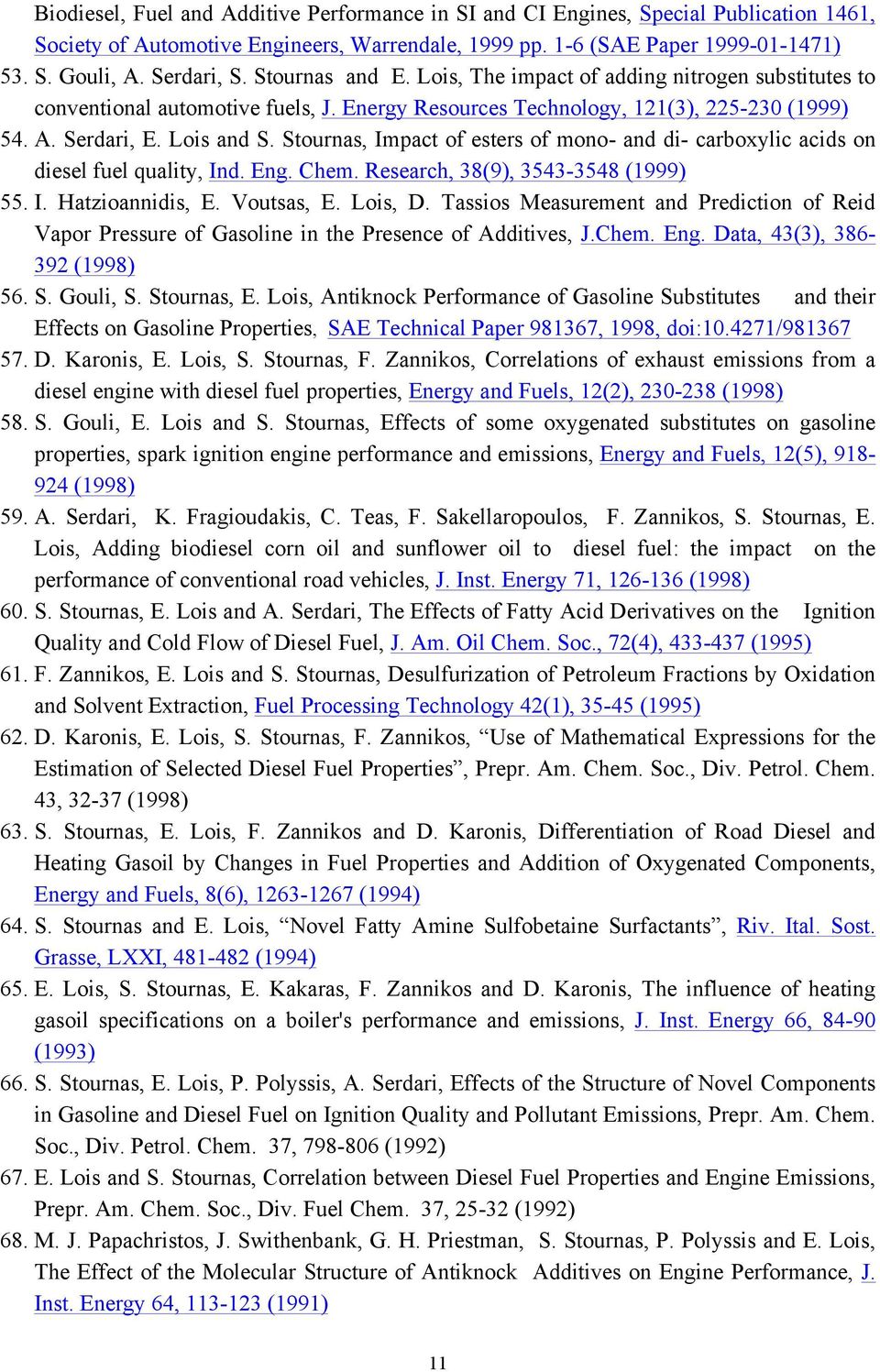 Stournas, Impact of esters of mono- and di- carboxylic acids on diesel fuel quality, Ind. Eng. Chem. Research, 38(9), 3543-3548 (1999) 55. I. Hatzioannidis, E. Voutsas, E. Lois, D.