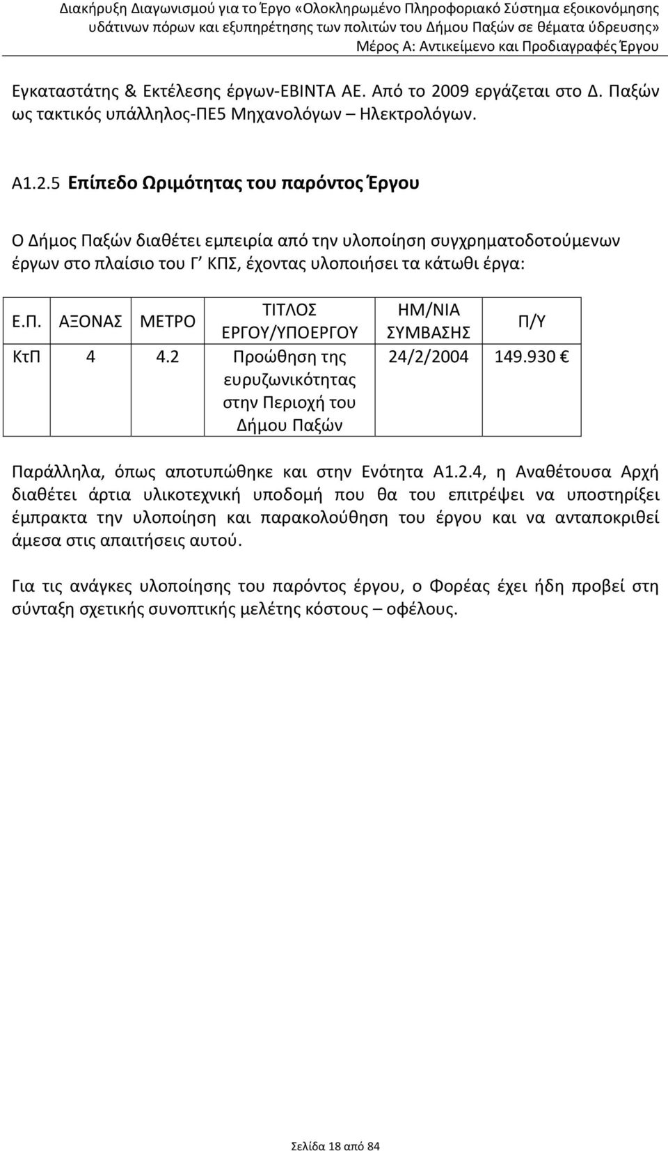 5 Επίπεδο Ωριμότητας του παρόντος Έργου Ο Δήμος Παξών διαθέτει εμπειρία από την υλοποίηση συγχρηματοδοτούμενων έργων στο πλαίσιο του Γ ΚΠΣ, έχοντας υλοποιήσει τα κάτωθι έργα: Ε.Π. ΑΞΟΝΑΣ ΜΕΤΡΟ ΤΙΤΛΟΣ ΕΡΓΟΥ/ΥΠΟΕΡΓΟΥ ΚτΠ 4 4.