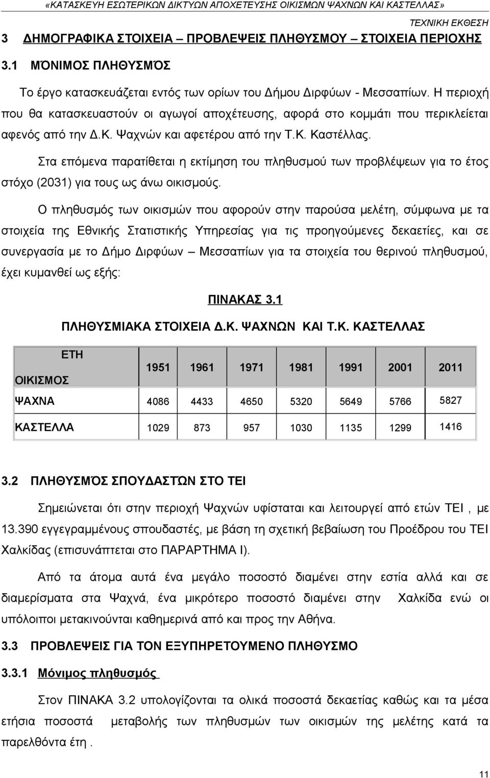 Στα επόμενα παρατίθεται η εκτίμηση του πληθυσμού των προβλέψεων για το έτος στόχο (2031) για τους ως άνω οικισμούς.