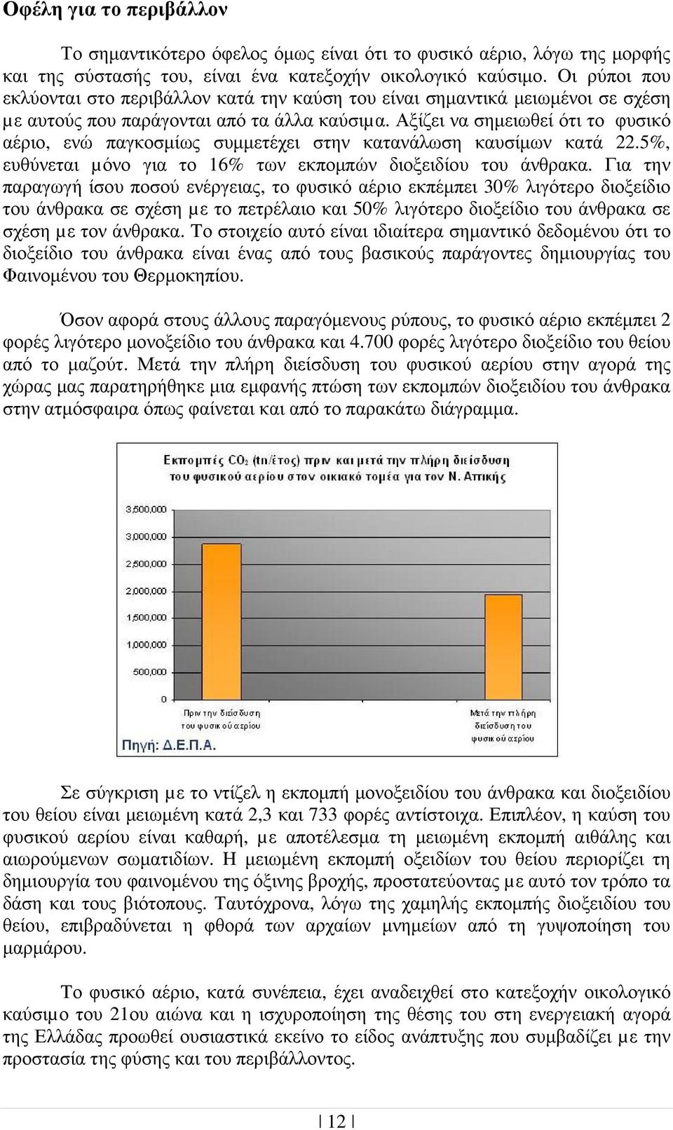 Αξίζει να σηµειωθεί ότι το φυσικό αέριο, ενώ παγκοσµίως συµµετέχει στην κατανάλωση καυσίµων κατά 22.5%, ευθύνεται µόνο για το 16% των εκποµπών διοξειδίου του άνθρακα.