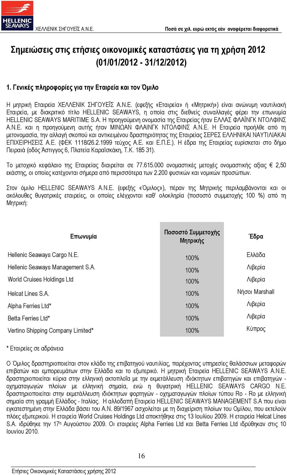 αιρεία ΧΕΛΛΕΝΙΚ ΣΗΓΟΥΕΪΣ Α.Ν.Ε. (εφεξής «Εταιρεία» ή «Μητρική») είναι ανώνυµη ναυτιλιακή Εταιρεία, µε διακριτικό τίτλο HELLENIC SEAWAYS, η οποία στις διεθνείς συναλλαγές φέρει την επωνυµία HELLENIC SEAWAYS MARITIME S.