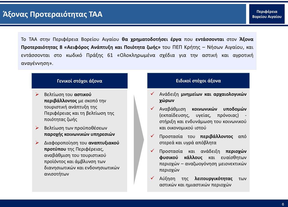 Γενικοί στόχοι άξονα Βελτίωση του αστικού περιβάλλοντος με σκοπό την τουριστική ανάπτυξη της ς και τη βελτίωση της ποιότητας ζωής Βελτίωση των προϋποθέσεων παροχής κοινωνικών υπηρεσιών Διαφοροποίηση