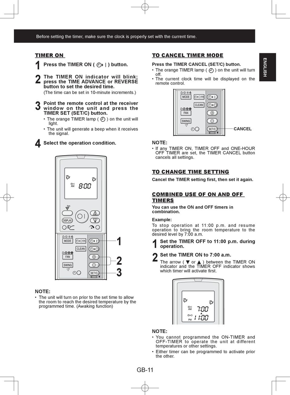 ) Point the remote control at the receiver window on the unit and press the TIMER SET (SET/C) button. The orange TIMER lamp ( ) on the unit will light.