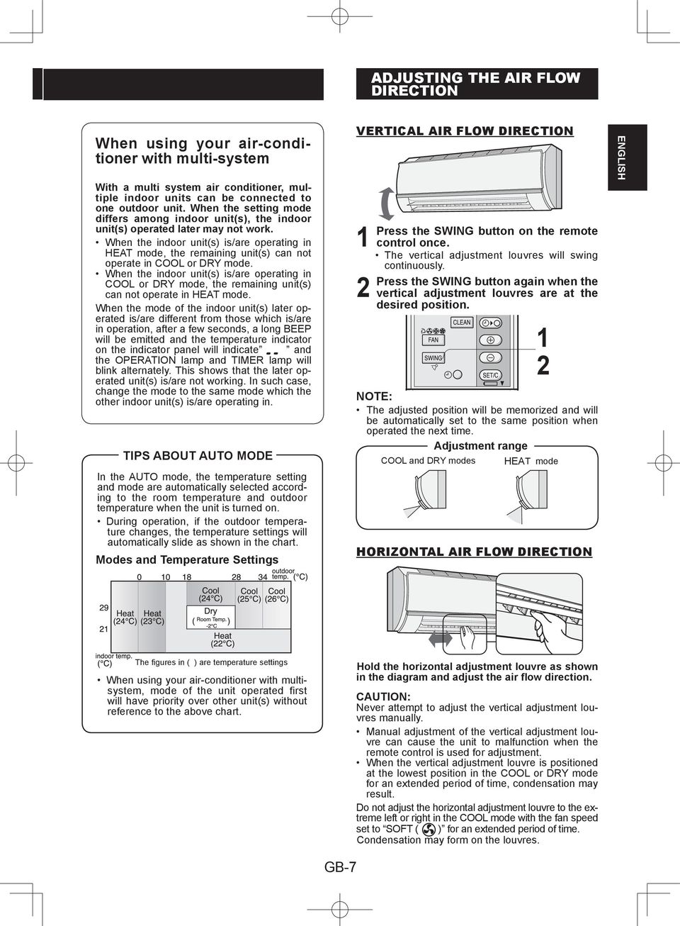 When the indoor unit(s) is/are operating in HEAT mode, the remaining unit(s) can not operate in COOL or DRY mode.