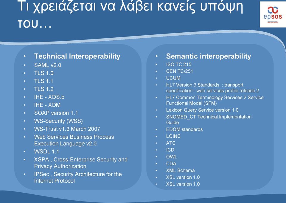 1 XSPA, Cross-Enterprise Security and Privacy Authorization IPSec, Security Architecture for the Internet Protocol Semantic interoperability ISO TC 215 CEN TC/251 UCUM HL7