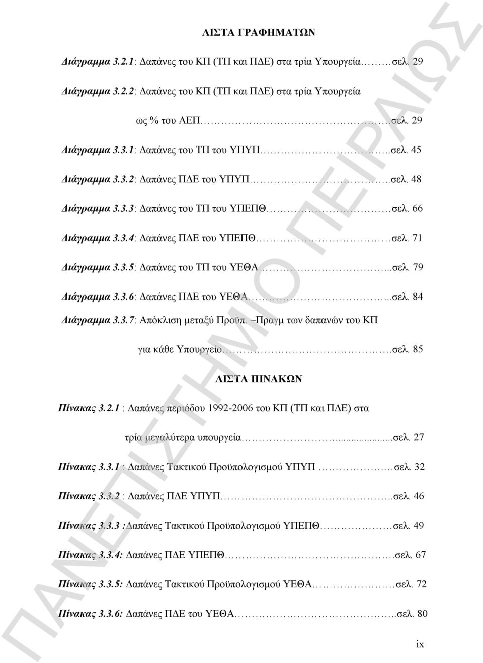 3.6: Δαπάνες ΠΔΕ του ΥΕΘΑ...σελ. 84 Διάγραμμα 3.3.7: Απόκλιση μεταξύ Προϋπ. Πραγμ των δαπανών του ΚΠ για κάθε Υπουργείο.σελ. 85 ΛΙΣΤΑ ΠΙΝΑΚΩΝ Πίνακας 3.2.