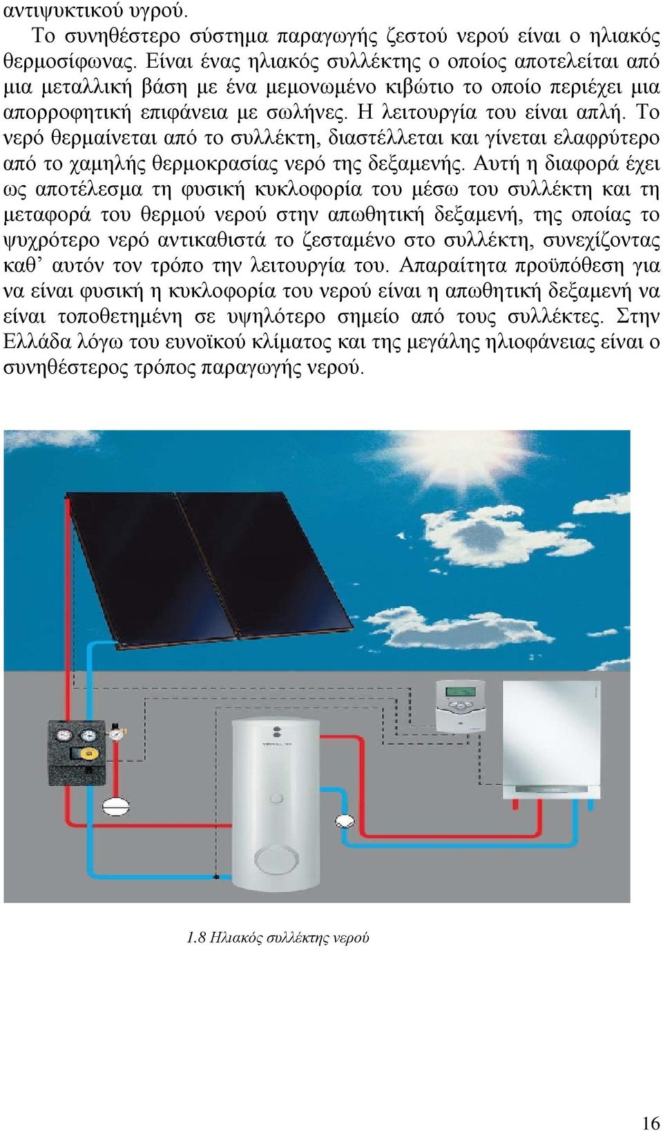 Το νερό θερμαίνεται από το συλλέκτη, διαστέλλεται και γίνεται ελαφρύτερο από το χαμηλής θερμοκρασίας νερό της δεξαμενής.