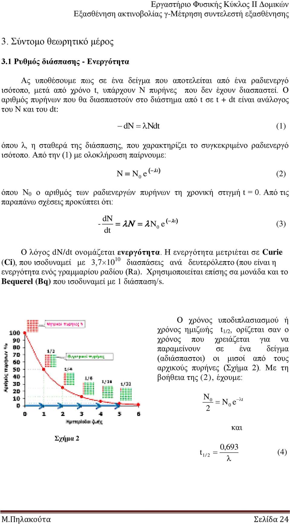 Από ηελ (1) κε νινθιήξσζε παίξλνπκε: N N e t 0 (2) όπνπ Ν 0 ν αξηζκόο ησλ ξαδηελεξγώλ ππξήλσλ ηε ρξνληθή ζηηγκή t = 0.