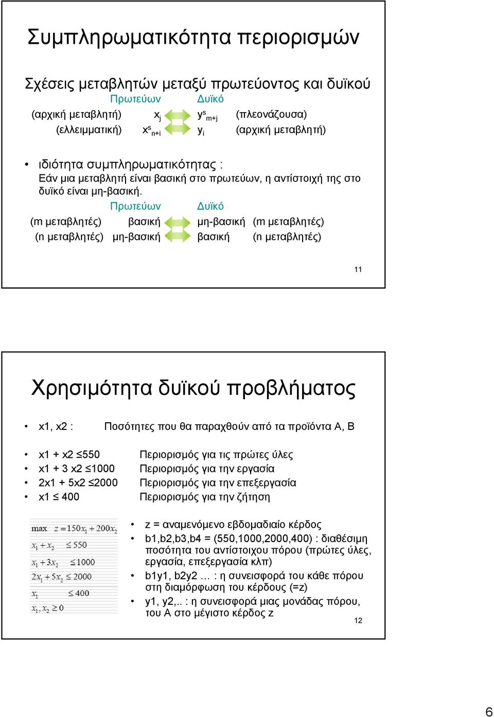 Πρωτεύων (m µεταβλητές) βασική (n µεταβλητές) µη-βασική υϊκό µη-βασική (m µεταβλητές) βασική (n µεταβλητές) 11 Χρησιµότητα δυϊκού προβλήµατος x1, x2 : Ποσότητες που θα παραχθούν από τα προϊόντα Α, Β