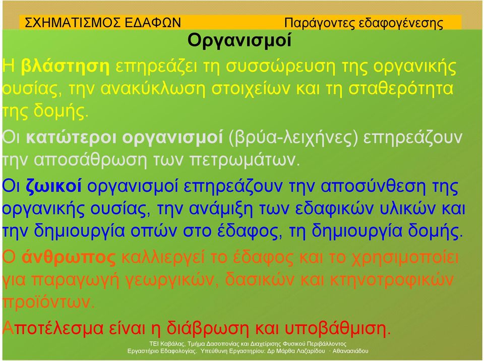 ι ζωικοί οργανισμοί επηρεάζουν την αποσύνθεση της ργανικής ουσίας, την ανάμιξη των εδαφικών υλικών και ην δημιουργία οπών στο