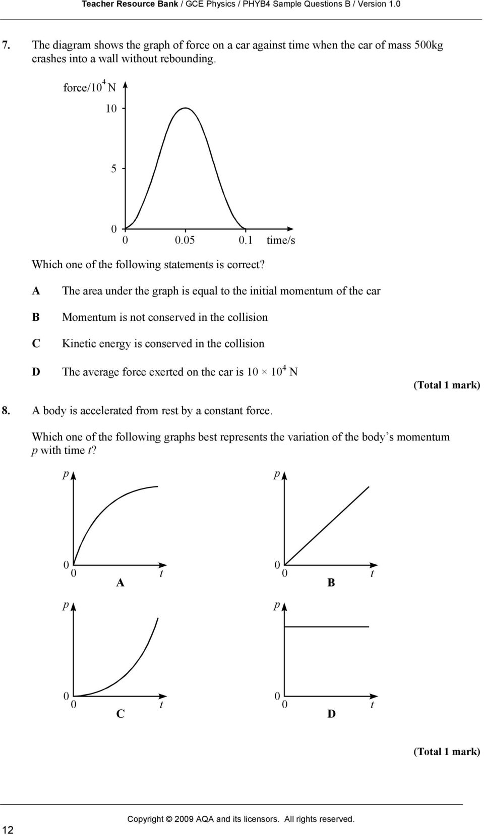 A B C D The area under the graph is equal to the initial momentum of the car Momentum is not conserved in the collision Kinetic energy is conserved in the collision