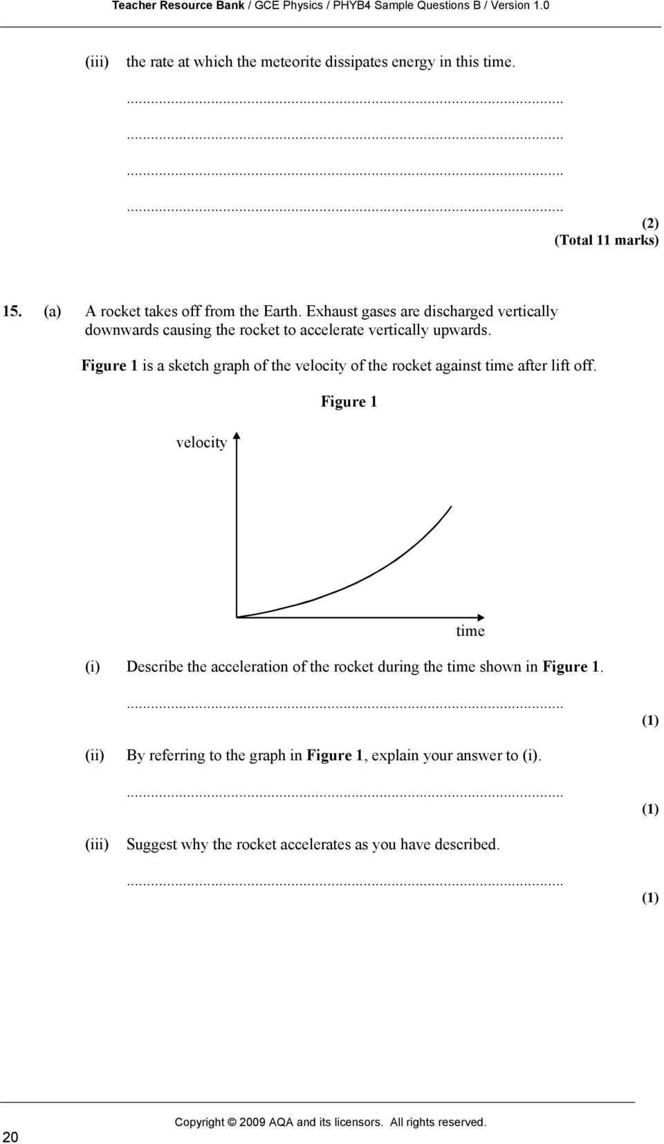 Figure 1 is a sketch graph of the velocity of the rocket against time after lift off.