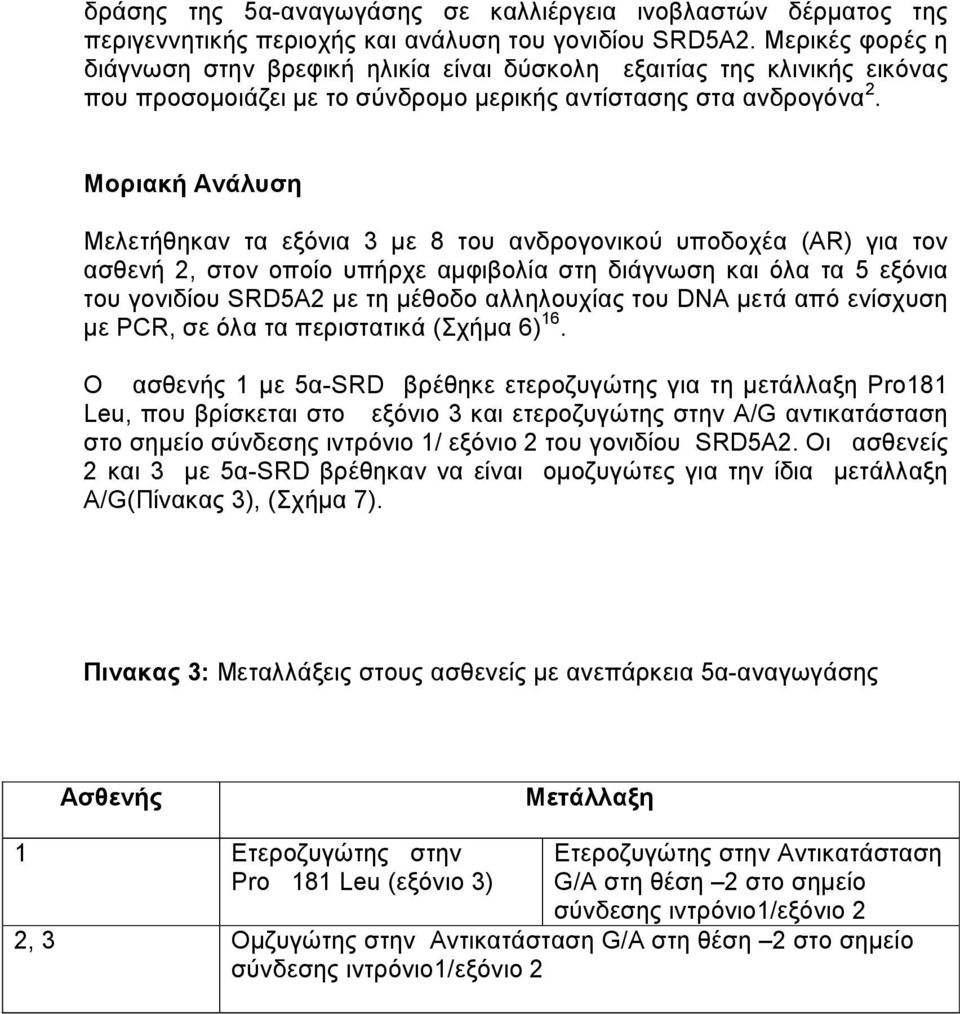 Μοριακή Ανάλυση Μελετήθηκαν τα εξόνια 3 µε 8 του ανδρογονικού υποδοχέα (AR) για τον ασθενή 2, στον οποίο υπήρχε αµφιβολία στη διάγνωση και όλα τα 5 εξόνια του γονιδίου SRD5A2 µε τη µέθοδο αλληλουχίας