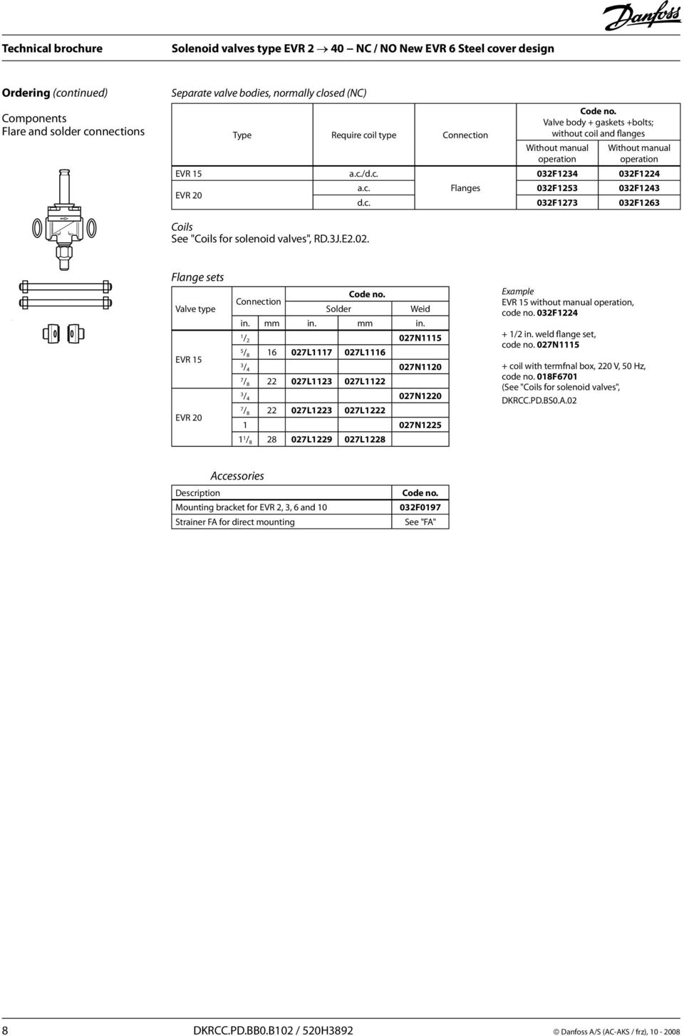 J.E2.02. Flange sets Valve type Connection Code no. Solder Weid in. mm in.