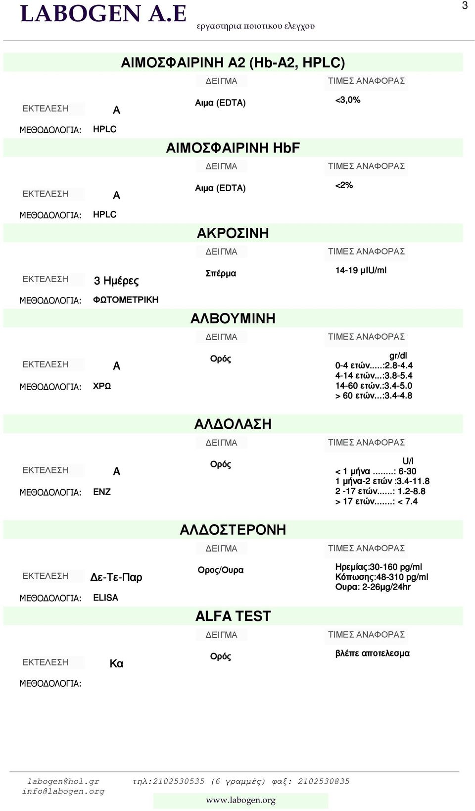 µiu/ml ΦΩΤΟΜΕΤΡΙΚΗ ΛΒΟΥΜΙΝΗ ΧΡΩ gr/dl 0-4 ετών...:2.8-4.4 4-14 ετών...:3.8-5.4 14-60 ετών.:3.4-5.0 > 60 ετών...:3.4-4.