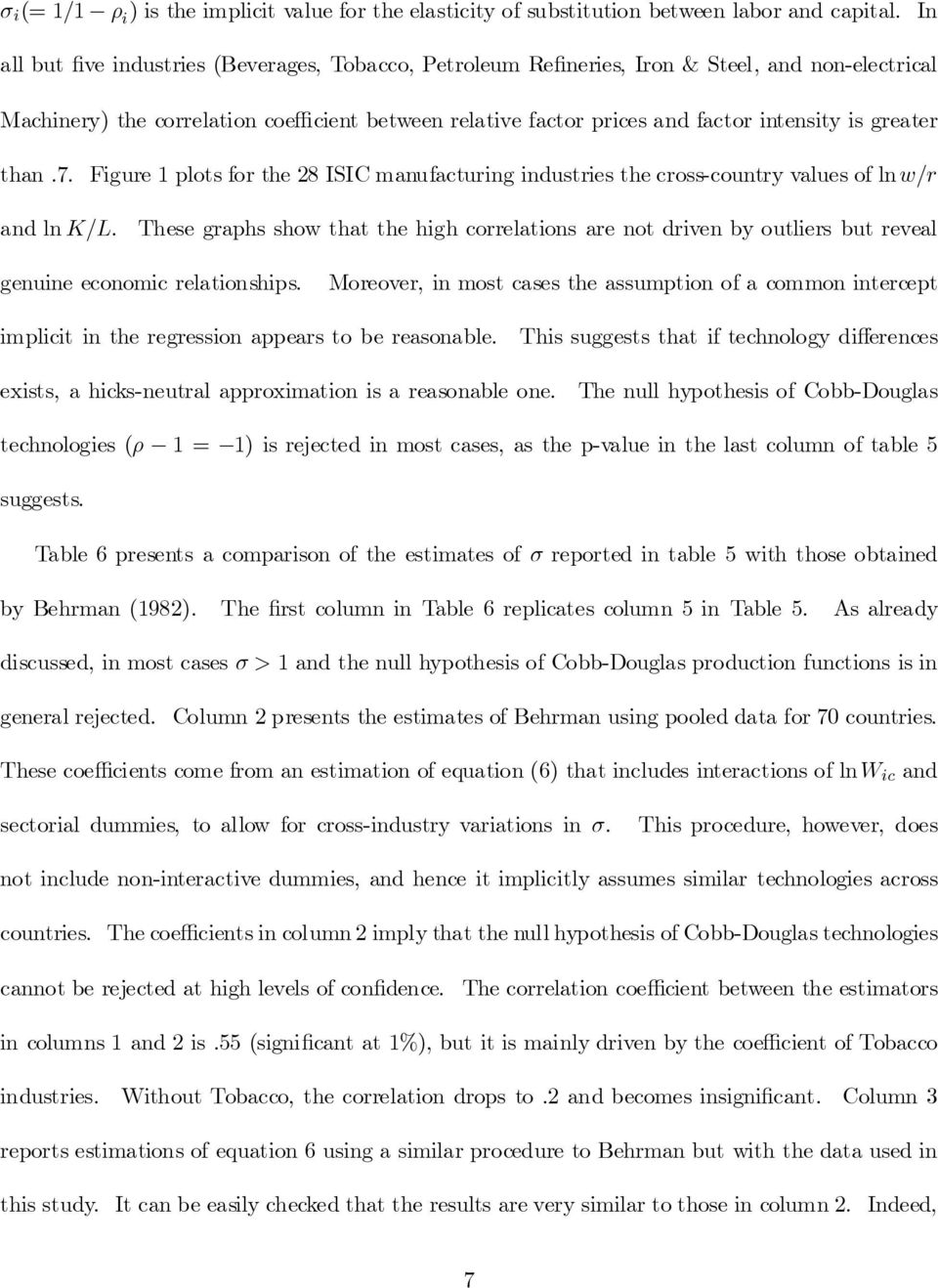 than.7. Figure plots for the 8 ISIC manufacturing industries the cross-country values of ln w=r and ln K=L.