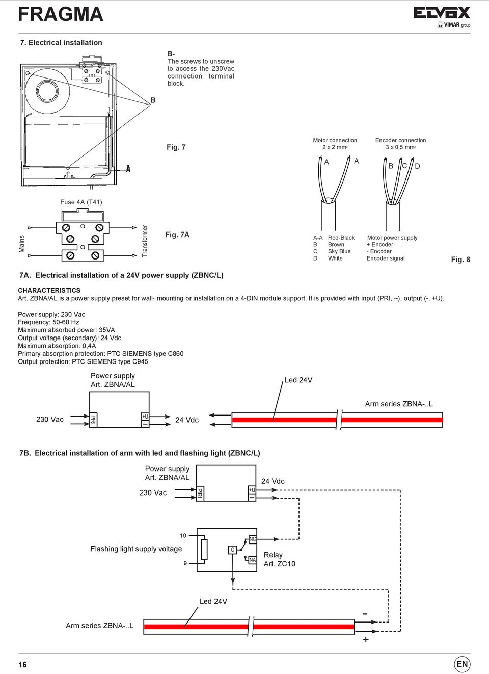 7A A-A Red-Black Motor power supply B Brown + Encoder C Sky Blue - Encoder D White Encoder signal Fig. 8 7a. Electrical installation of a 24V power supply (zbnc/l) CHARACTERISTICS Art.