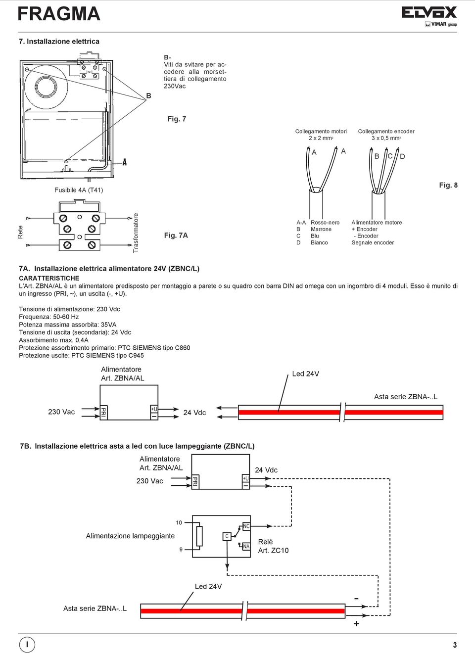 7A A-A Rosso-nero Alimentatore motore B Marrone + Encoder C Blu - Encoder D Bianco Segnale encoder 7a. Installazione elettrica alimentatore 24V (zbnc/l) CARATTERISTICHE L Art.