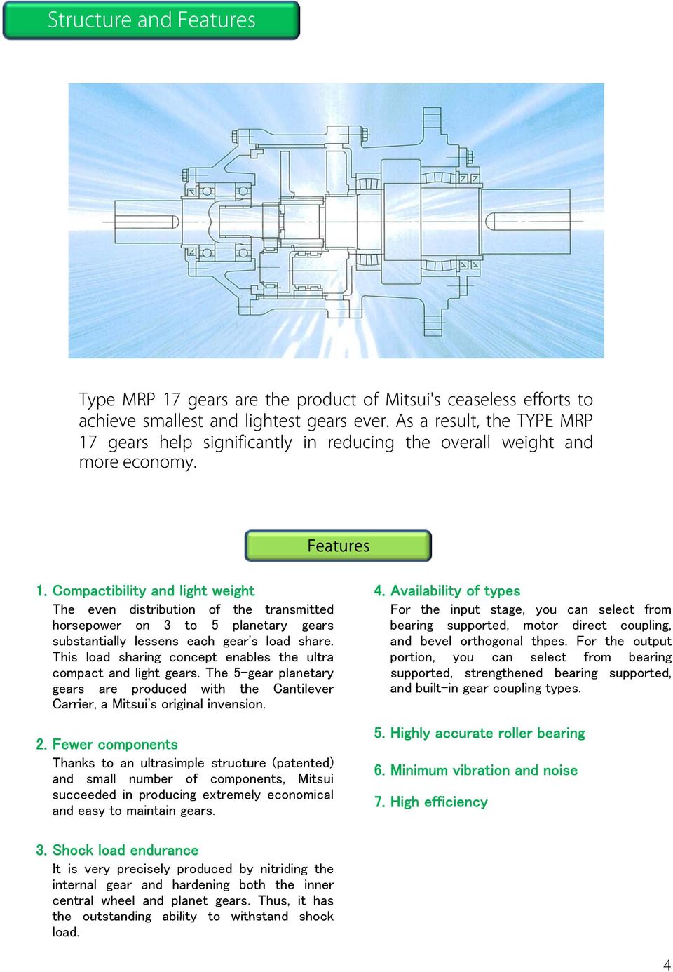 lessens each gear's load share. and bevel orthogonal thpes. For the output This load sharing concept enables the ultra portion, you can select from bearing compact and light gears.