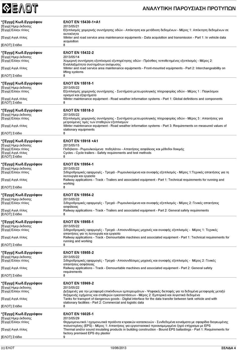 συστηµάτων ανύψωσης Winter and road service area maintenance equipments - Front-mounted equipments - Part 2: Interchangeability on lifting systems ΕΛΟΤ EN 15518-1 Εξοπλισµός χειµερινής συντήρησης -