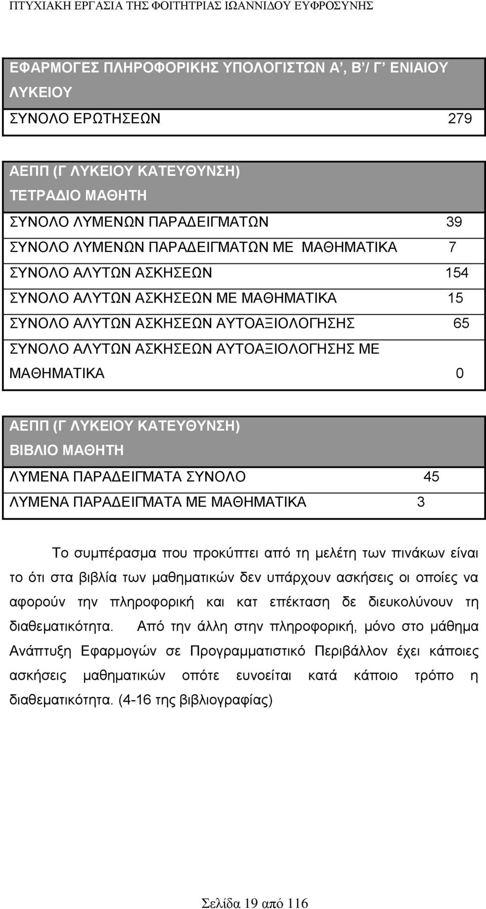 ΜΑΘΗΤΗ ΛΥΜΕΝΑ ΔΕΙΓΜΑΤΑ ΣΥΝΟΛΟ 45 ΛΥΜΕΝΑ ΔΕΙΓΜΑΤΑ ΜΕ ΜΑΘΗΜΑΤΙΚΑ 3 Το συμπέρασμα που προκύπτει από τη μελέτη των πινάκων είναι το ότι στα βιβλία των μαθηματικών δεν υπάρχουν ασκήσεις οι οποίες να