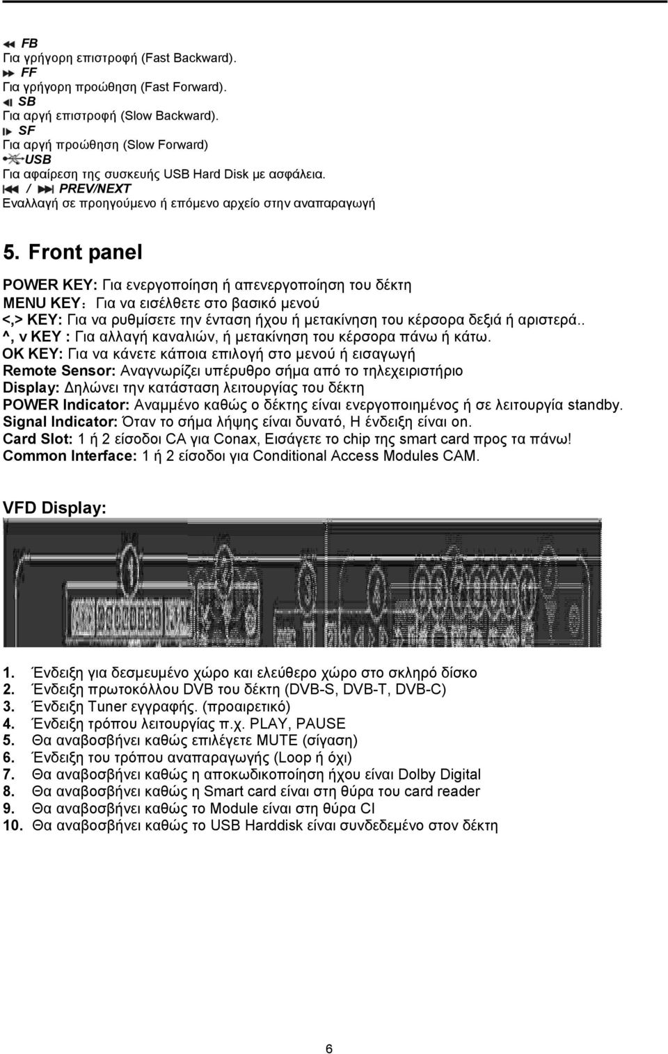 Front panel POWER KEY: Για ενεργοποίηση ή απενεργοποίηση του δέκτη MENU KEY:Για να εισέλθετε στο βασικό μενού <,> KEY: Για να ρυθμίσετε την ένταση ήχου ή μετακίνηση του κέρσορα δεξιά ή αριστερά.