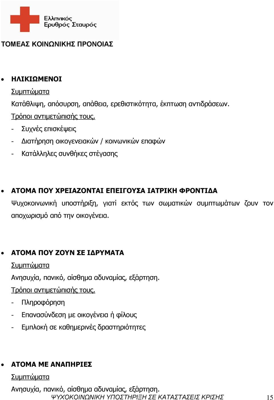 γιατί εκτός των σωματικών συμπτωμάτων ζουν τον αποχωρισμό από την οικογένεια. ΑΤΟΜΑ ΠΟΥ ΖΟΥΝ ΣΕ ΙΔΡΥΜΑΤΑ Συμπτώματα Ανησυχία, πανικό, αίσθημα αδυναμίας, εξάρτηση.