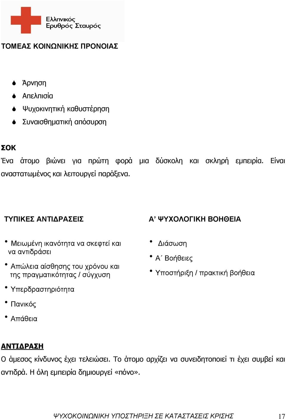 ΤΥΠΙΚΕΣ ΑΝΤΙΔΡΑΣΕΙΣ Α ΨΥΧΟΛΟΓΙΚΗ ΒΟΗΘΕΙΑ Μειωμένη ικανότητα να σκεφτεί και να αντιδράσει Απώλεια αίσθησης του χρόνου και της πραγματικότητας / σύγχυση