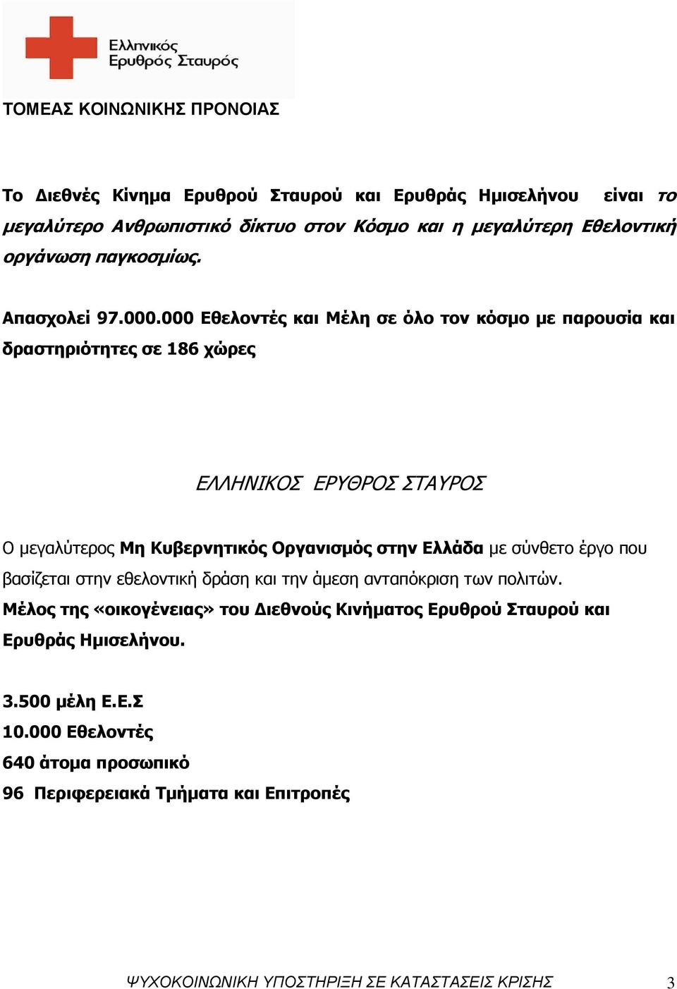 000 Εθελοντές και Μέλη σε όλο τον κόσμο με παρουσία και δραστηριότητες σε 186 χώρες ΕΛΛΗΝΙΚΟΣ ΕΡΥΘΡΟΣ ΣΤΑΥΡΟΣ Ο μεγαλύτερος Μη Κυβερνητικός Οργανισμός στην Ελλάδα