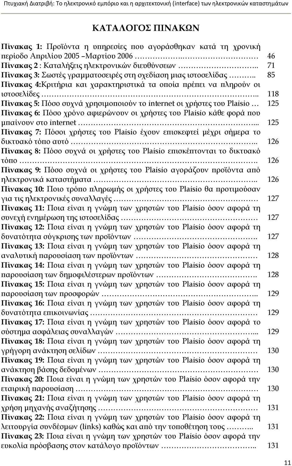 . 118 Πίνακας 5: Πόσο συχνά χρησιμοποιούν το internet οι χρήστες του Plaisio 125 Πίνακας 6: Πόσο χρόνο αφιερώνουν οι χρήστες του Plaisio κάθε φορά που μπαίνουν στο internet.