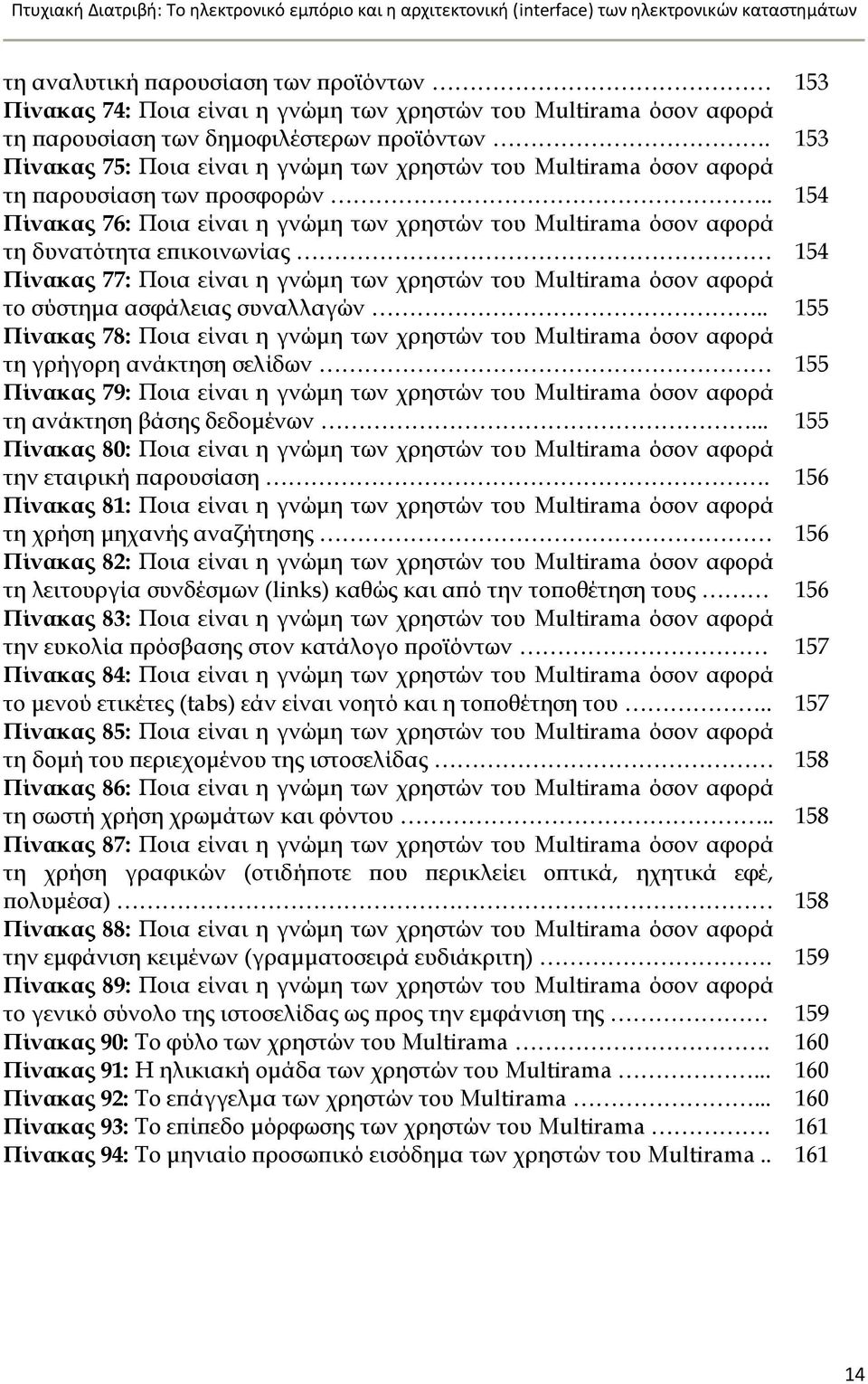 . 154 Πίνακας 76: Ποια είναι η γνώμη των χρηστών του Multirama όσον αφορά τη δυνατότητα επικοινωνίας 154 Πίνακας 77: Ποια είναι η γνώμη των χρηστών του Multirama όσον αφορά το σύστημα ασφάλειας