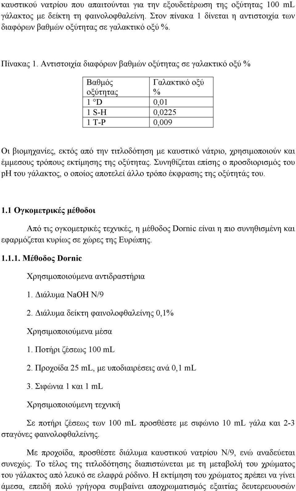 Αντιστοιχία διαφόρων βαθµών οξύτητας σε γαλακτικό οξύ % Βαθµός οξύτητας Γαλακτικό οξύ % 1 D 0,01 1 S-H 0,0225 1 T-P 0,009 Οι βιοµηχανίες, εκτός από την τιτλοδότηση µε καυστικό νάτριο, χρησιµοποιούν